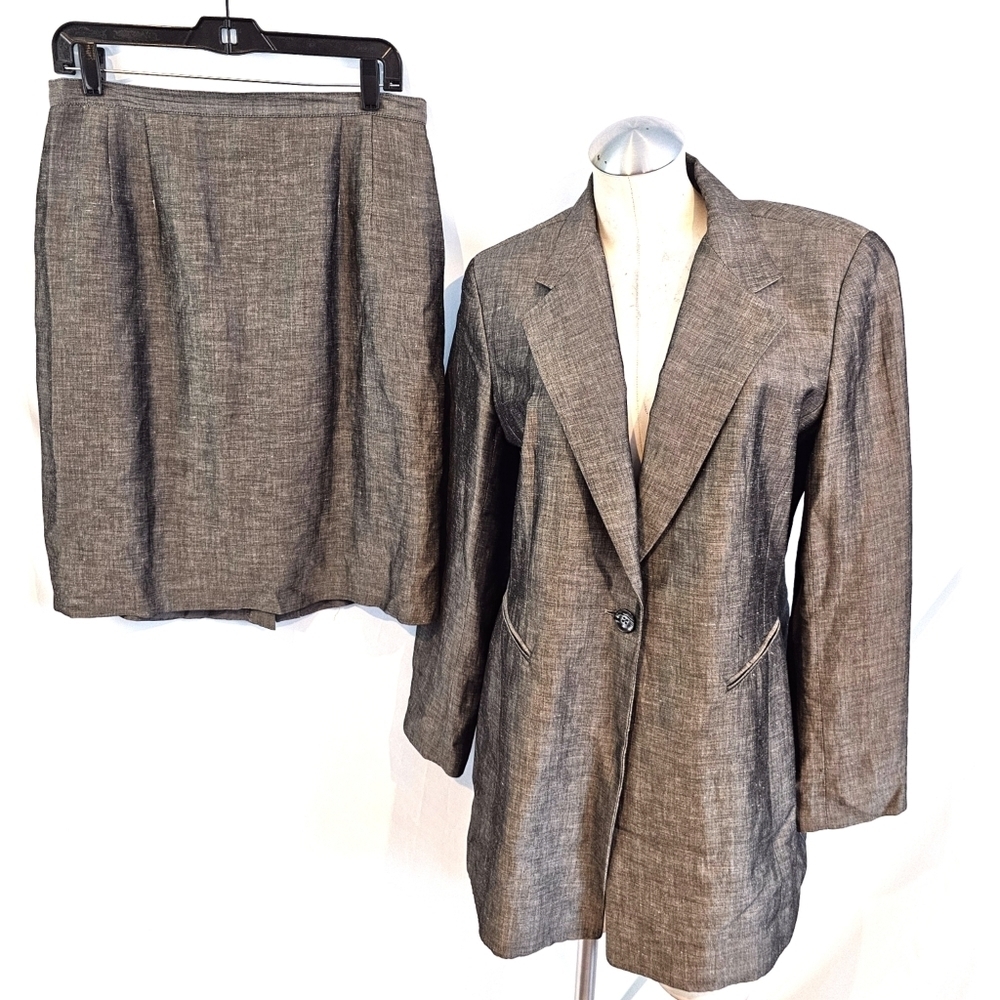 Gianni Size 14P Gray Skirt Suit Linen Blend